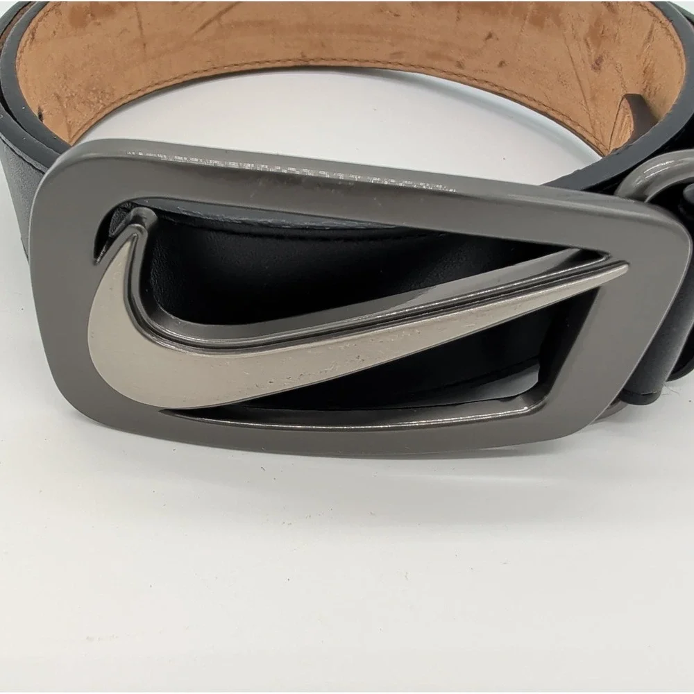 Nike Golf Grip Tech Belt Black Genuine Leather Big Swoosh Metal Buckle Mens 34